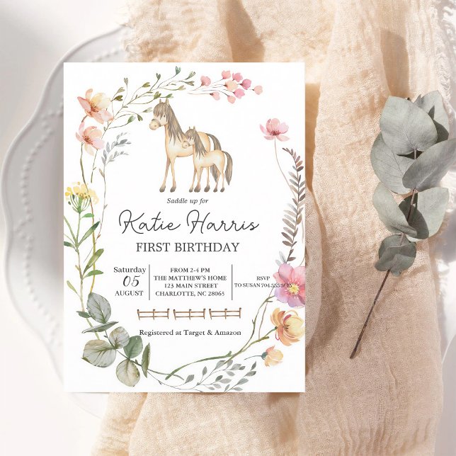 Invitation d'anniversaire de cheval fleur sauvage (Créateur téléchargé)