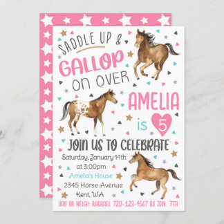 Invitation d'anniversaire de cheval, selle vers le