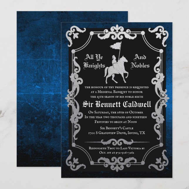 Invitation d'anniversaire de chevalier médiéval jo (Devant / Derrière)