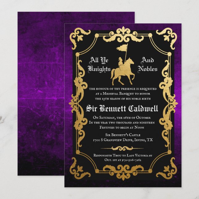 Invitation d'anniversaire de chevalier médiéval jo (Devant / Derrière)