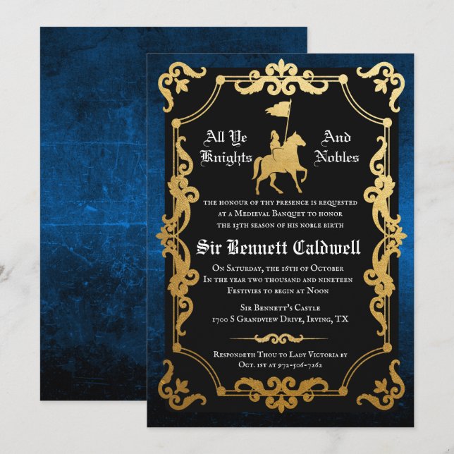 Invitation d'anniversaire de chevalier médiéval jo (Devant / Derrière)