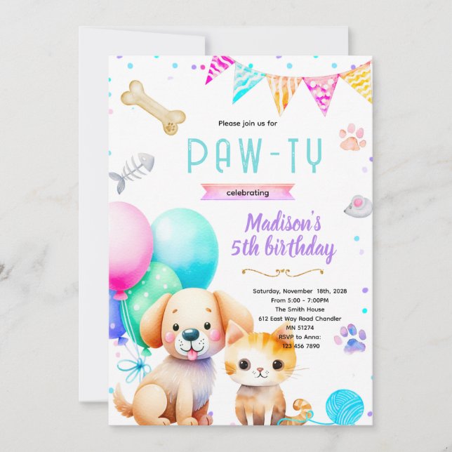 Invitation d'anniversaire de chien et chat (Devant)