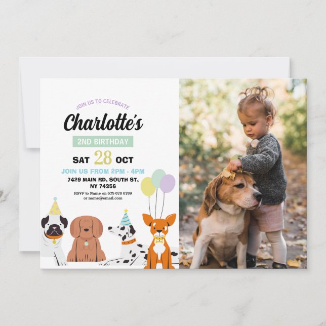 Invitation d'anniversaire de chien Fille Garçon Fê (Devant)