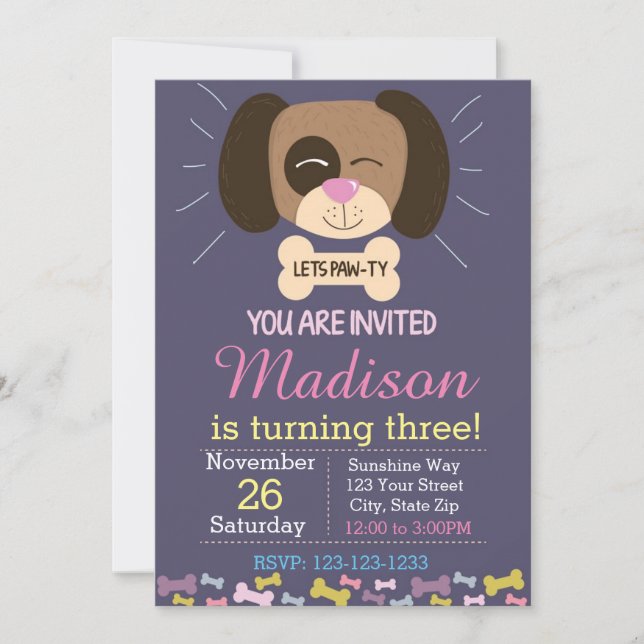Invitation d'anniversaire de chien (violet) (Devant)