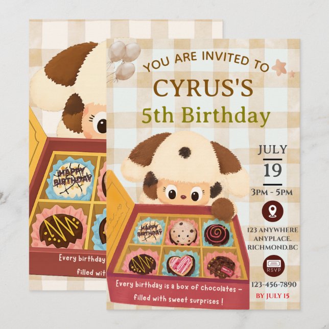 Invitation d'anniversaire de chiot au chocolat  (Devant / Derrière)
