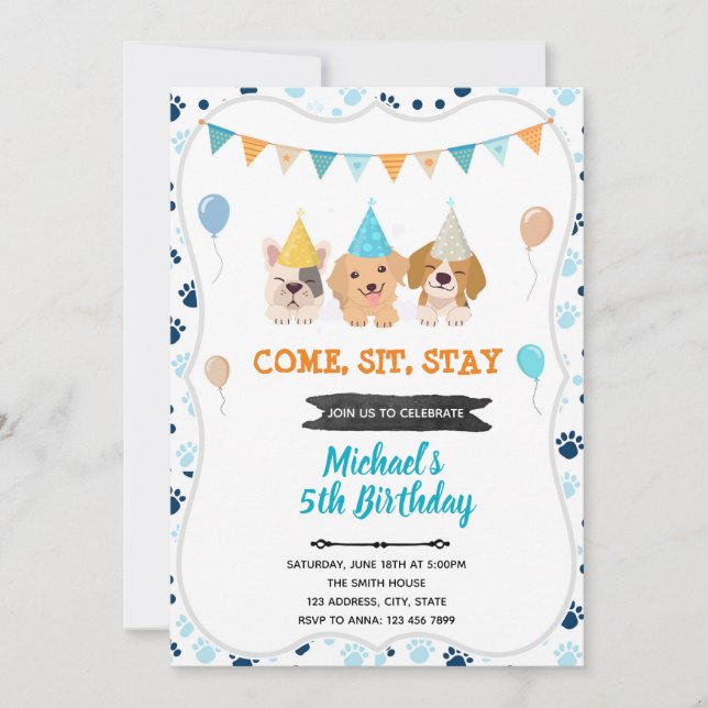 Invitation d'anniversaire de chiot chien mignon (Devant)