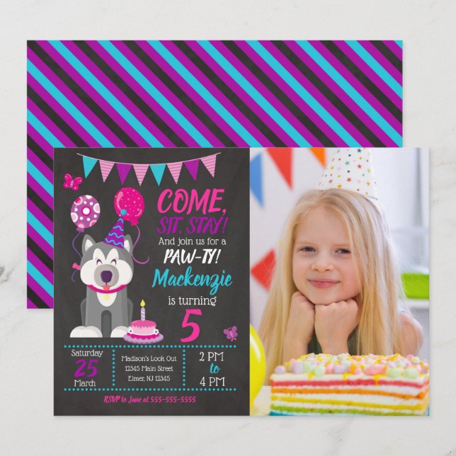 Invitation d'anniversaire de chiot fille Paw-ty Hu (Devant / Derrière)