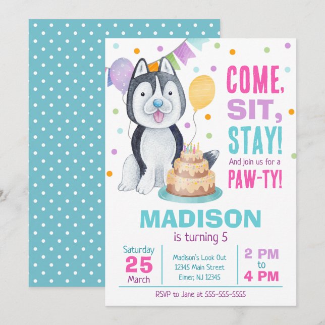Invitation d'anniversaire de chiot fille Paw-ty Hu (Devant / Derrière)