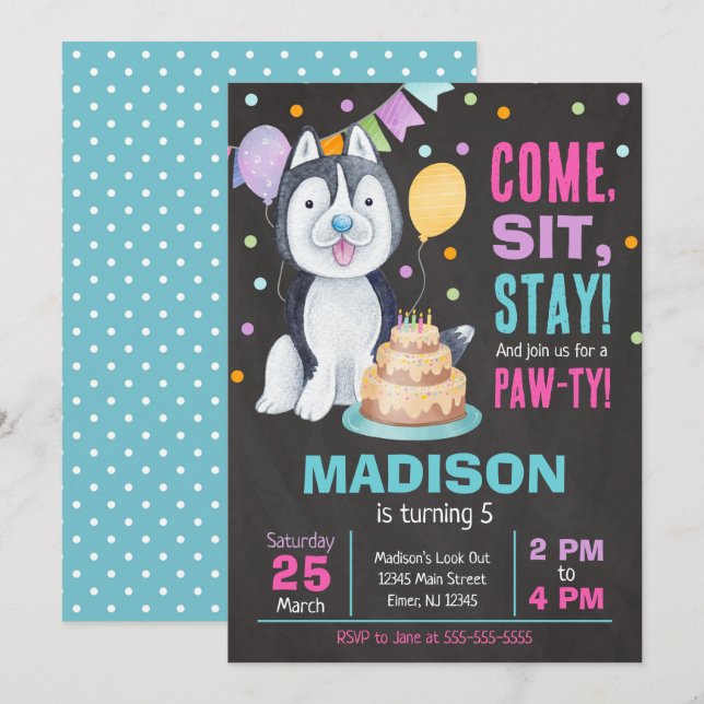 Invitation d'anniversaire de chiot fille Paw-ty Hu (Devant / Derrière)