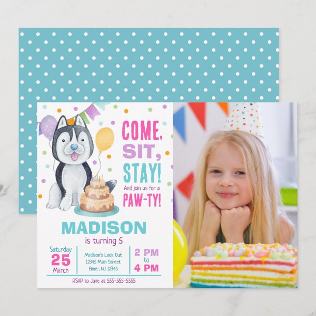 Invitation d'anniversaire de chiot photo fille Paw (Devant / Derrière)
