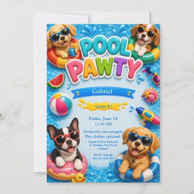 Invitation d'anniversaire de chiot Pool Pawty  (Devant)