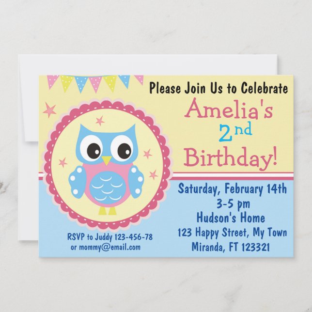 Invitation d'anniversaire de chouette mignonne (Devant)