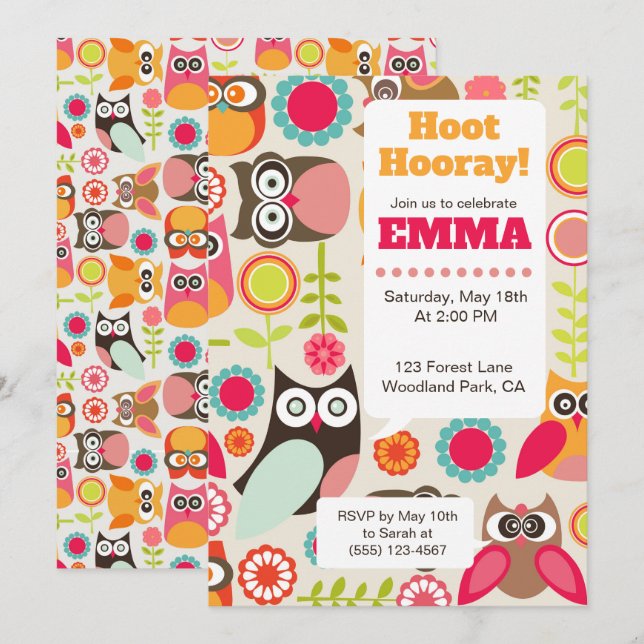 Invitation d'anniversaire de chouette mignonne Hoo (Devant / Derrière)
