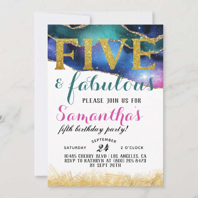 Invitation d'anniversaire de cinq filles fabuleuse (Devant)