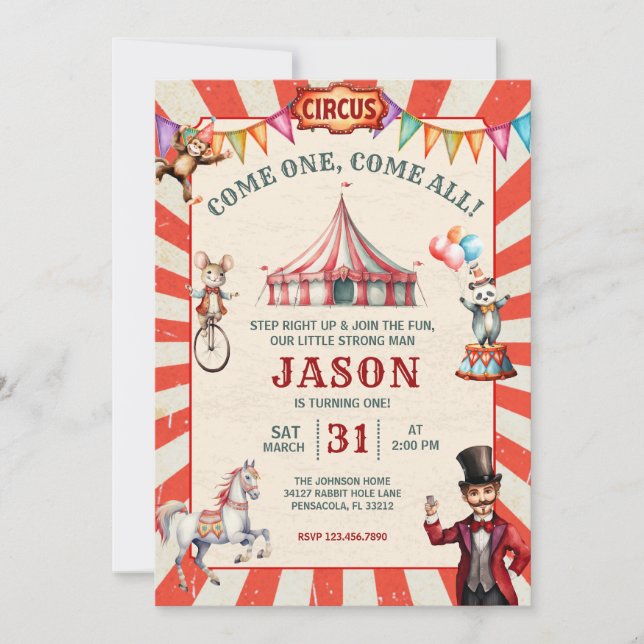 Invitation d'anniversaire de cirque carnaval rétro (Devant)