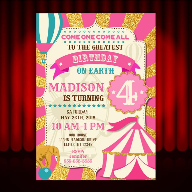 Invitation d'anniversaire de cirque Carnaval Rose  (Créateur téléchargé)