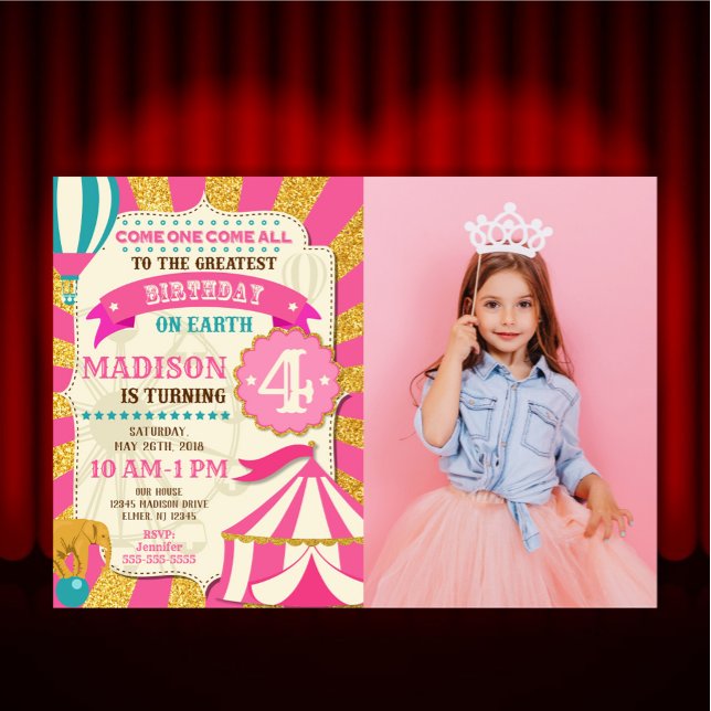 Invitation d'anniversaire de cirque Carnaval Rose  (Créateur téléchargé)