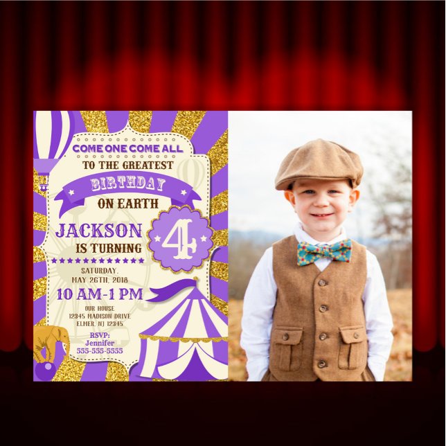 Invitation d'anniversaire de cirque Carnaval Viole (Créateur téléchargé)