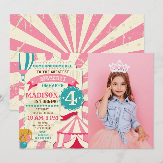 Invitation d'anniversaire de cirque Fille Invitati (Devant / Derrière)