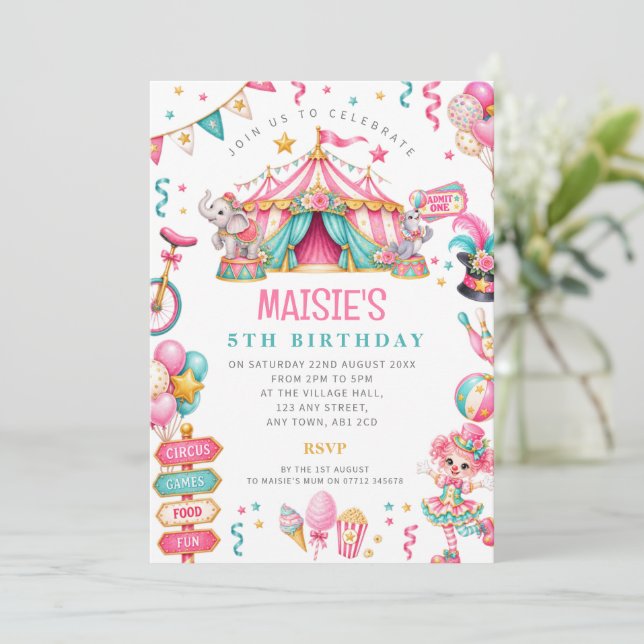 Invitation d'anniversaire de cirque rose pour fill (Debout devant)