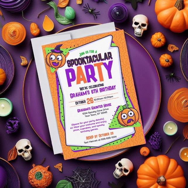 Invitation d'anniversaire de Citrouilles Spooktacu (Spooky invite that is perfect for a Halloween party or birthday. Orange card featuring pumpkins)