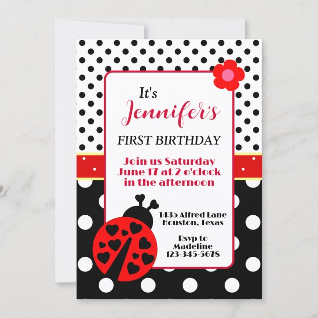 Invitation d'anniversaire de coccinelle mignonne (Devant)