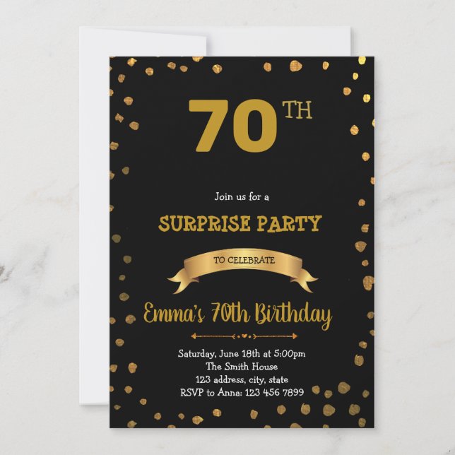Invitation d'anniversaire de confetti noir et or (Devant)