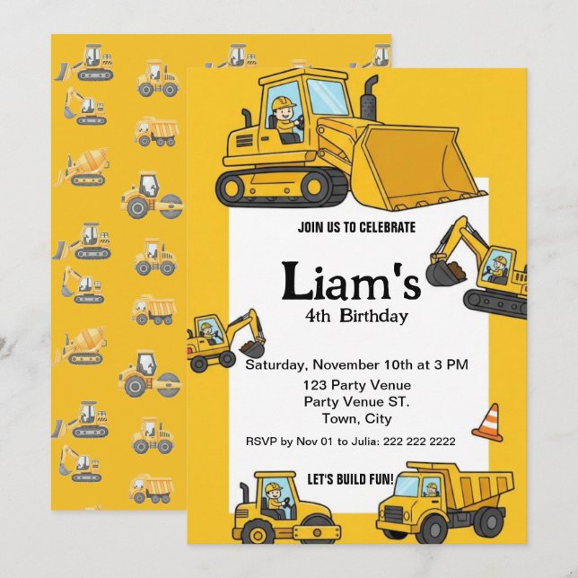 Invitation d'anniversaire de construction | Fête d (Devant / Derrière)