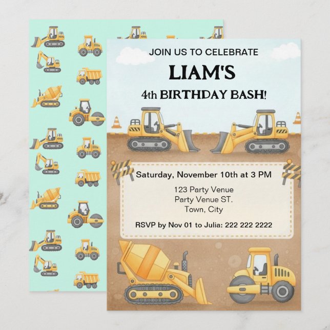 Invitation d'anniversaire de construction | Fête d (Devant / Derrière)