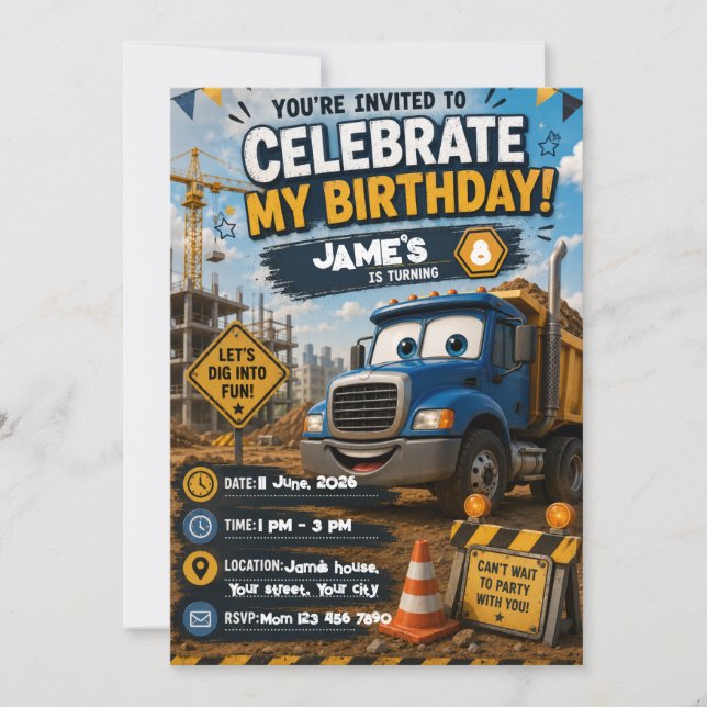 Invitation d'anniversaire de construction modifiab (Devant)