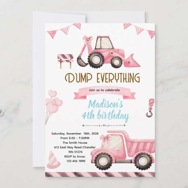 Invitation d'anniversaire de construction rose (Devant)