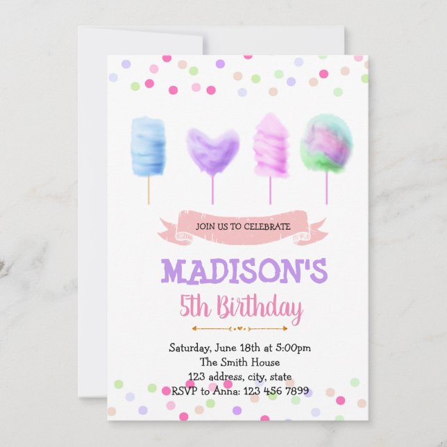 Invitation d'anniversaire de coton de sucre mignon (Devant)