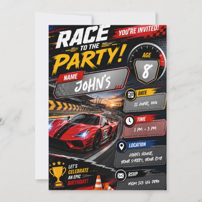 Invitation d'anniversaire de course automobile pou (Devant)