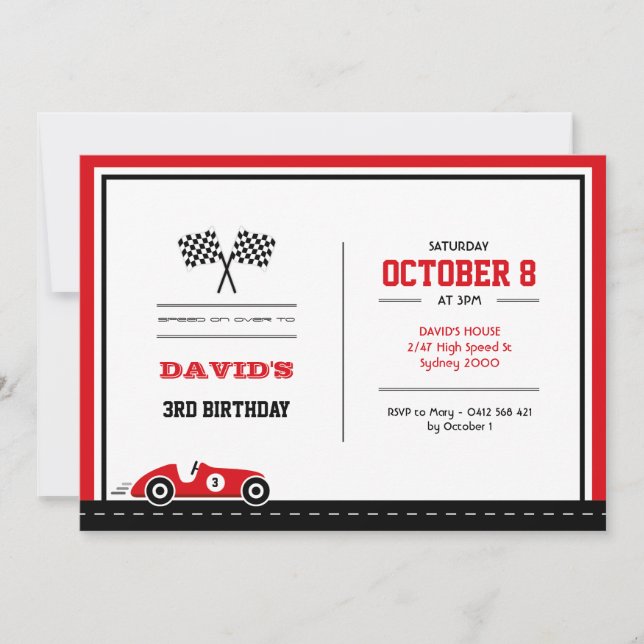 Invitation d'anniversaire de course de voiture (Devant)
