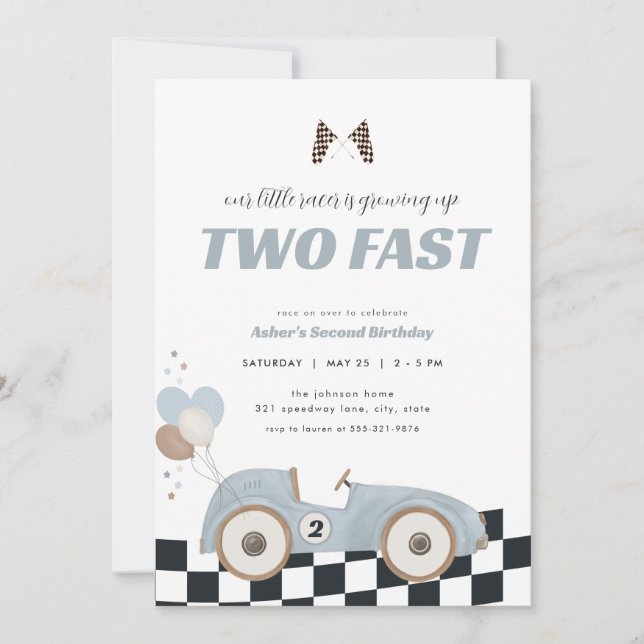 Invitation d'anniversaire de course de voiture ble (Devant)