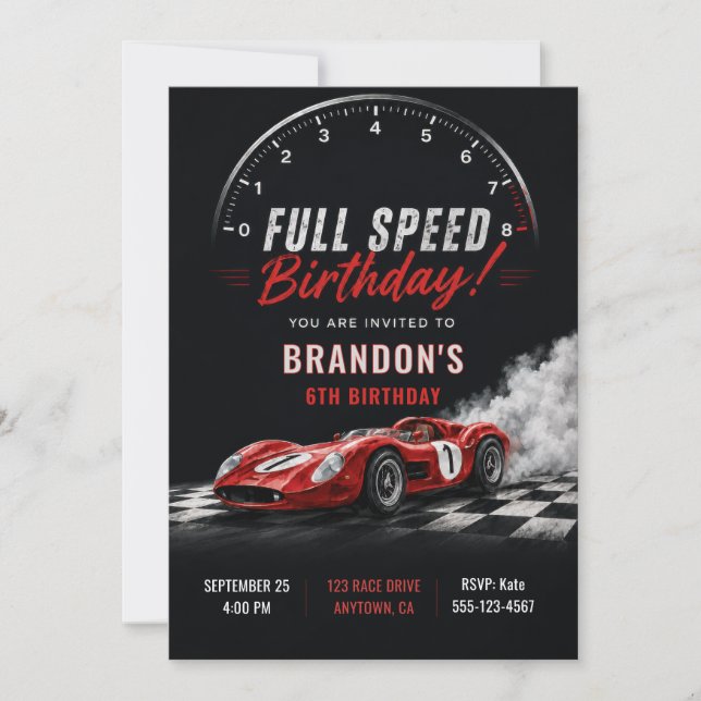 Invitation d'anniversaire de course de voiture de  (Devant)