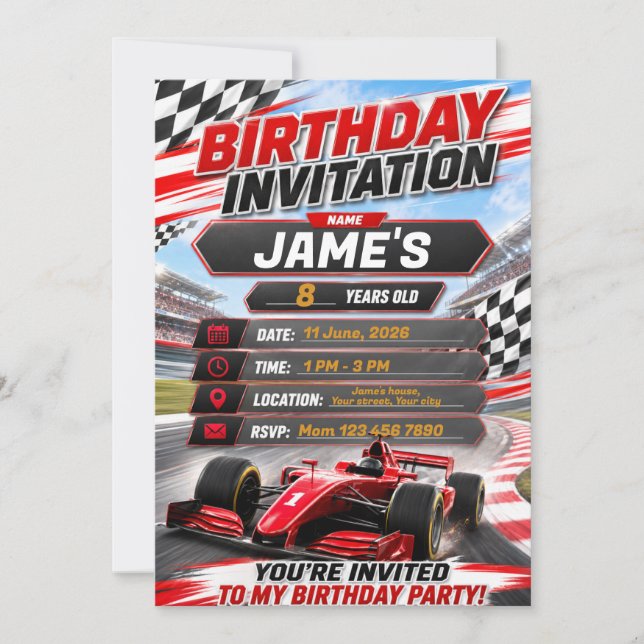 Invitation d'anniversaire de course de voiture pou (Devant)