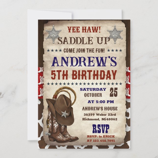 Invitation d'anniversaire de cow-boy country perso (Devant)