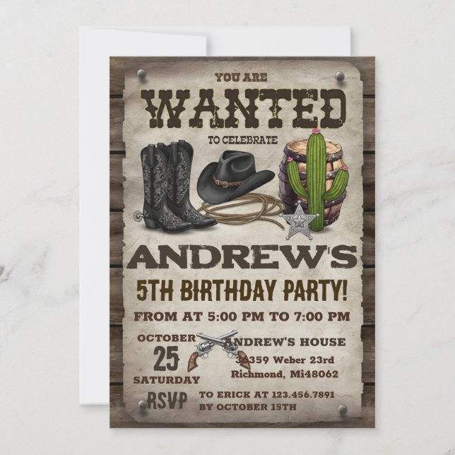 Invitation d'anniversaire de cow-boy western vinta (Devant)