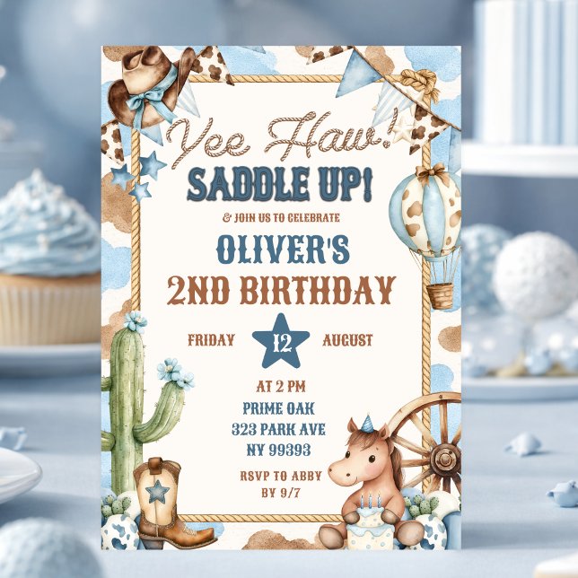 Invitation d'anniversaire de cowboy Yee Haw bleue (Créateur téléchargé)