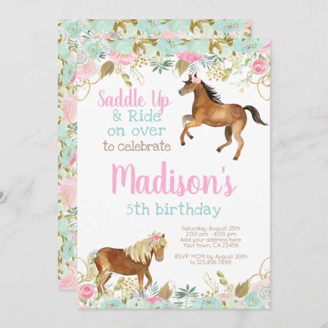 Invitation d'anniversaire de Cowgirl à cheval (Devant / Derrière)