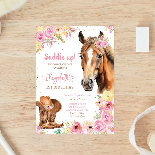 Invitation d'anniversaire de cowgirl à cheval (Créateur téléchargé)