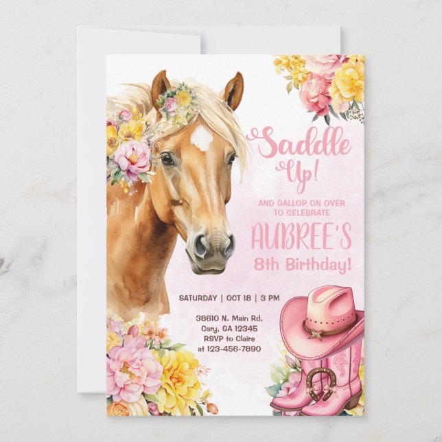 Invitation d'anniversaire de cowgirl, cheval brun, (Devant)