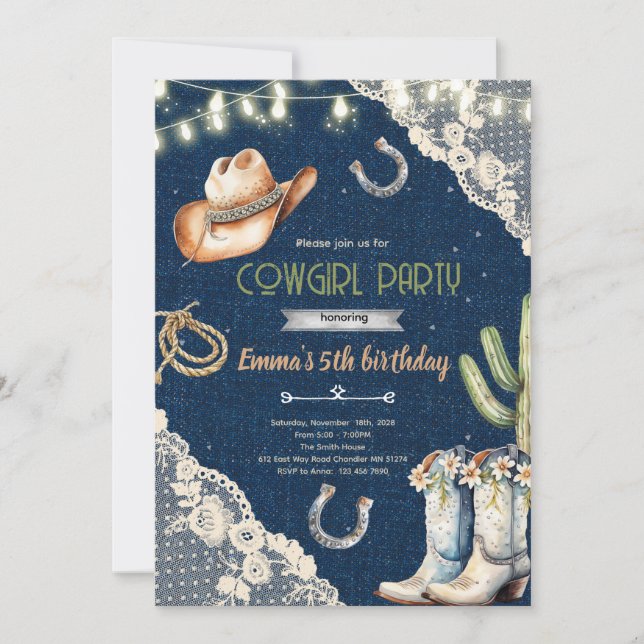 Invitation d'anniversaire de cowgirl en denim et d (Devant)