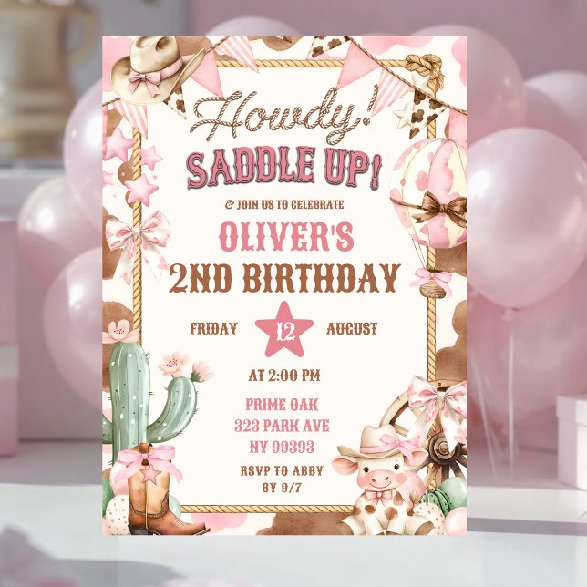 Invitation d'anniversaire de cowgirl Howdy rose (Créateur téléchargé)