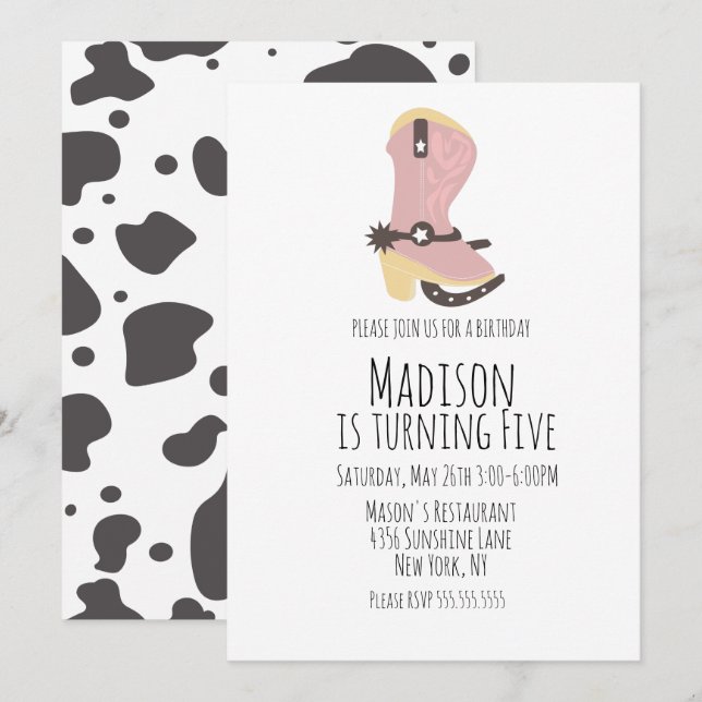 Invitation d'anniversaire de cowgirl pour vache à  (Devant / Derrière)