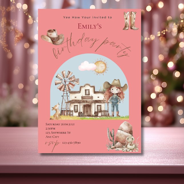 Invitation d'anniversaire de cowgirl rose mignonne (Créateur téléchargé)