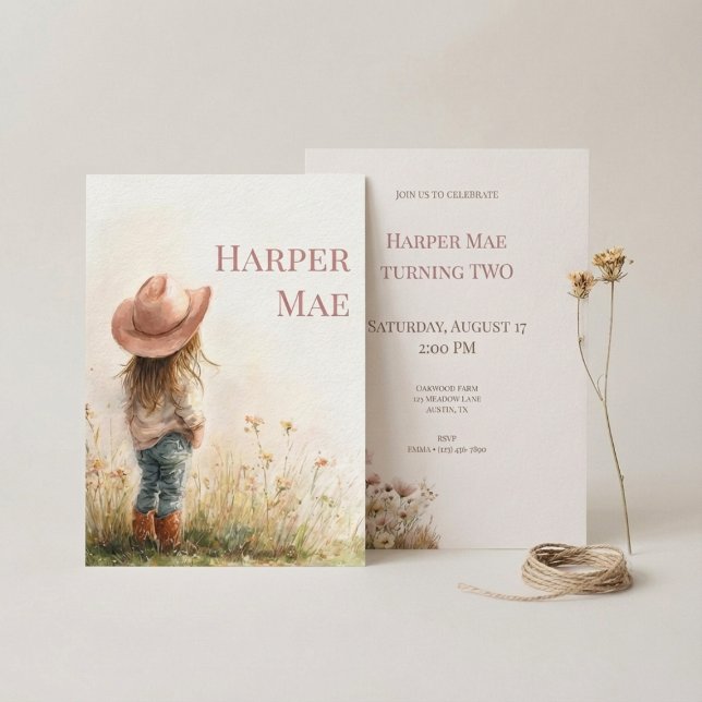 Invitation d'anniversaire de cowgirl rose | Thème  (Pink Cowgirl Birthday Invitation | Farm Theme)