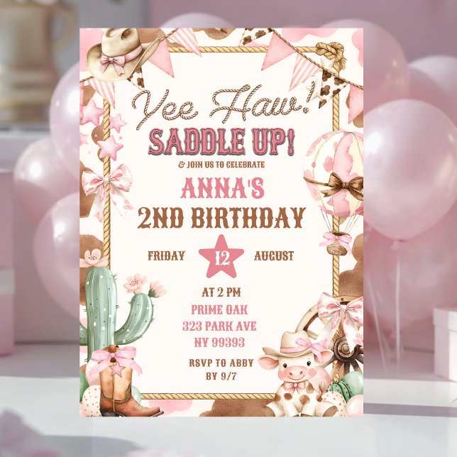 Invitation d'anniversaire de cowgirl rose Yee Haw (Créateur téléchargé)