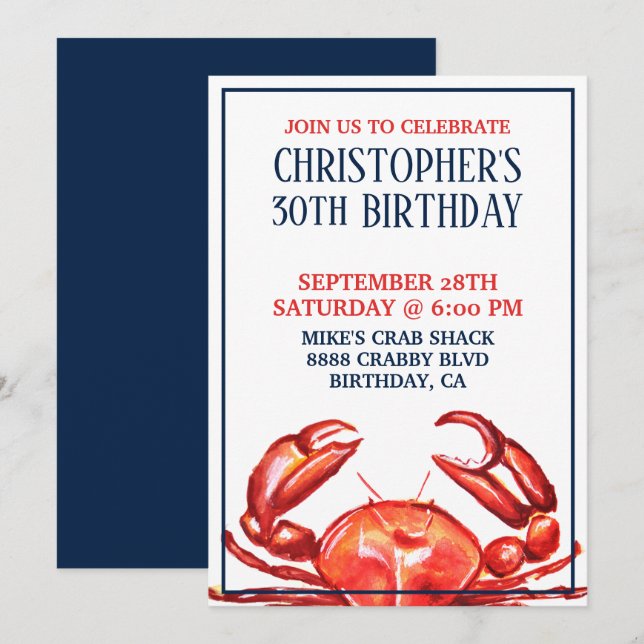 Invitation d'anniversaire de crabe d'été 30ème (Devant / Derrière)